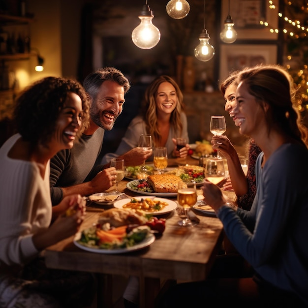 A group of friends or family gathered around a table enjoying a holiday meal