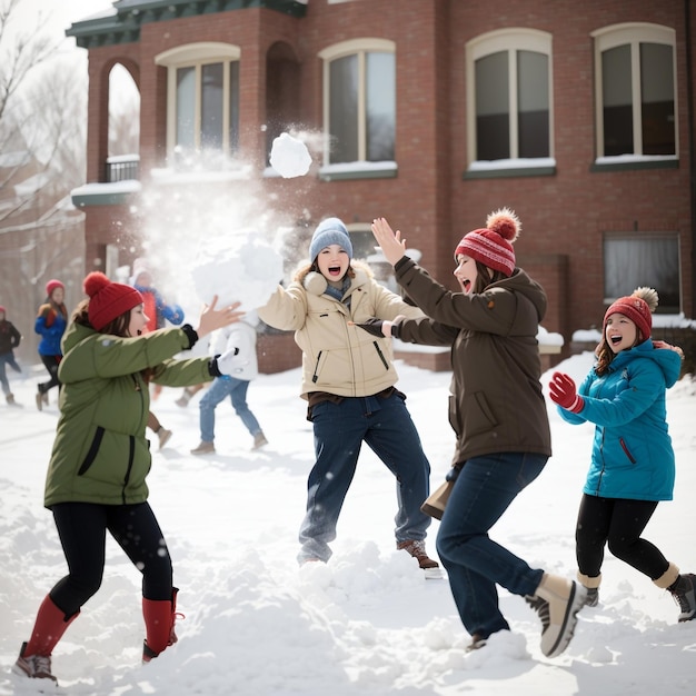 Photo a group of friends or family members engaged in a spirited snowball fight