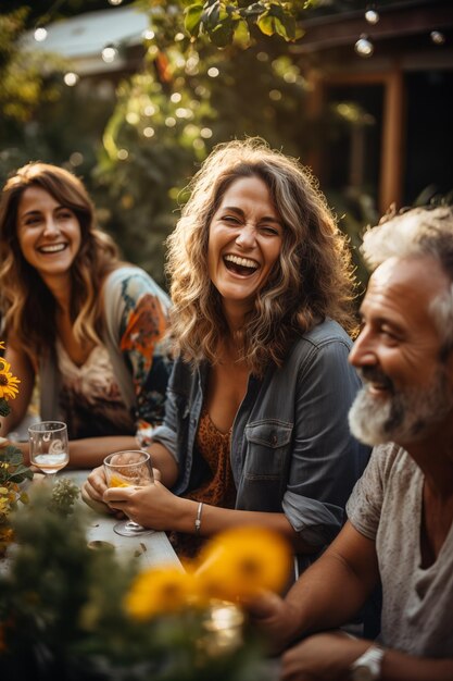 Group of friends from 55 to 60 years old enjoying in the garden or outside the bar