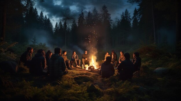 A group of friends gathered around a bonfire in a forest clearing