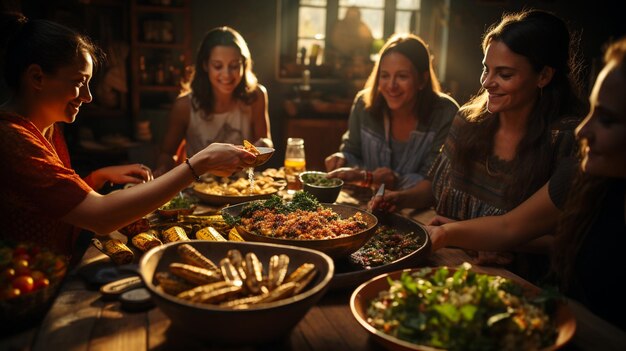 Photo a group of friends gathering around table wallpaper