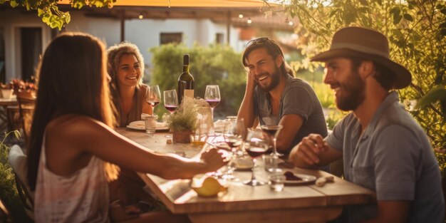 Photo group of friends gathering for wine tasting in countryside vineyard comeliness