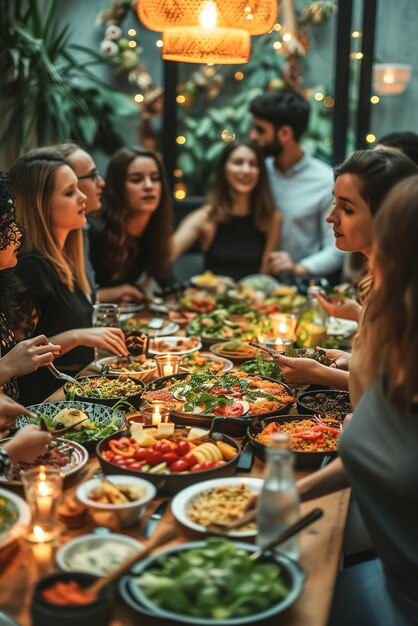 友達のグループがベガンの夕食中に色とりどりの植物ベースの料理をテーブルの周りに集まっています