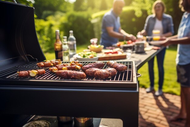 友達のグループが屋外でバーベキューをしグリルで肉を調理しアルコール飲み物を飲んでいます