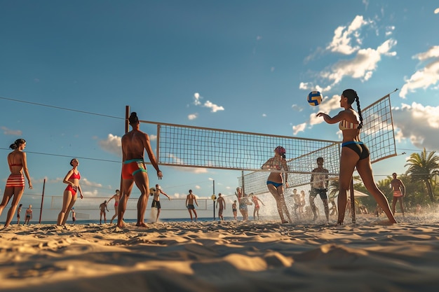 Group of friends having a beach volleyball tournam