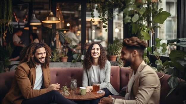 group of friends having a conversation in a cafe.