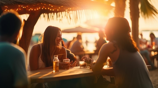 ビーチで夕食と飲み物をとる友達のグループ 友達との休暇 楽しい祝い 夏の時間