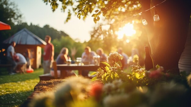 友達のグループが外で夕食と飲み物を食べる 友達との休暇 楽しい祝い 夏の時間