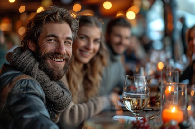 Group of friends having dinner at restaurant Cheerful young men and women sitting at the table