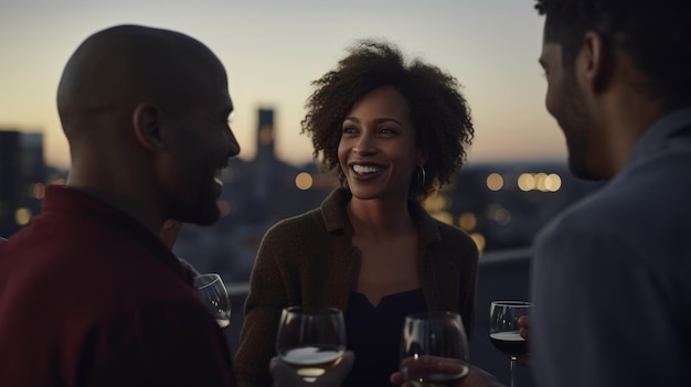 A group of friends having a drink in a rooftop cafe