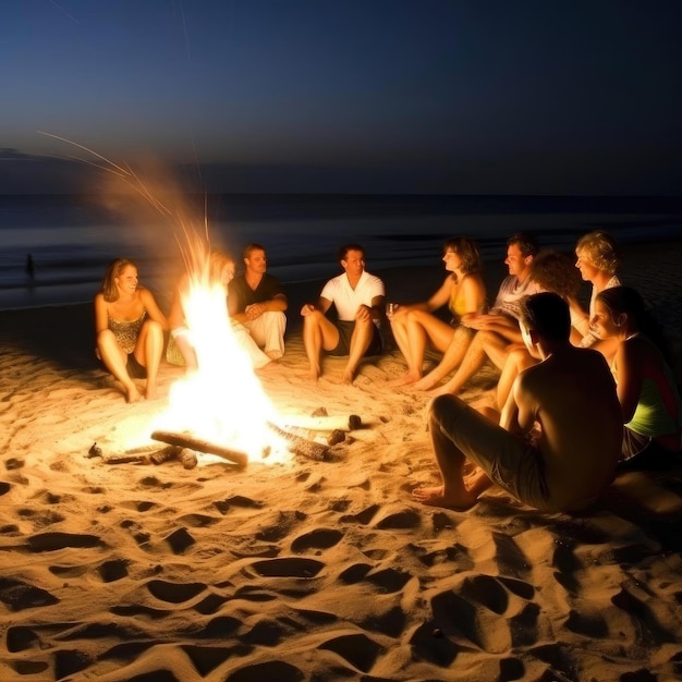 Group of friends having fun on the beach at night sitting around bonfire