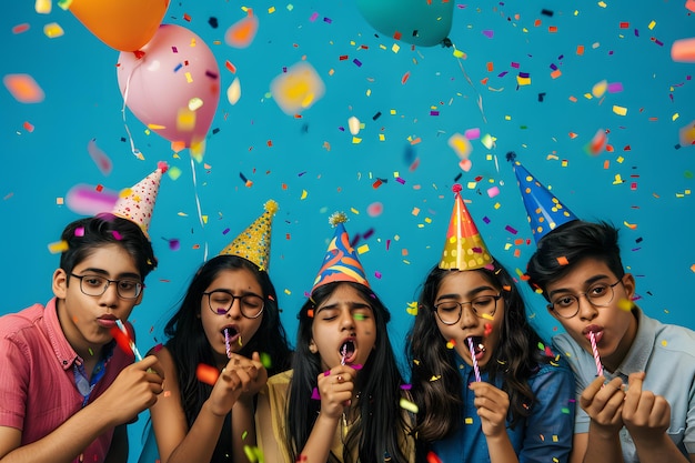 Photo group of friends having fun at a birthday party with confetti