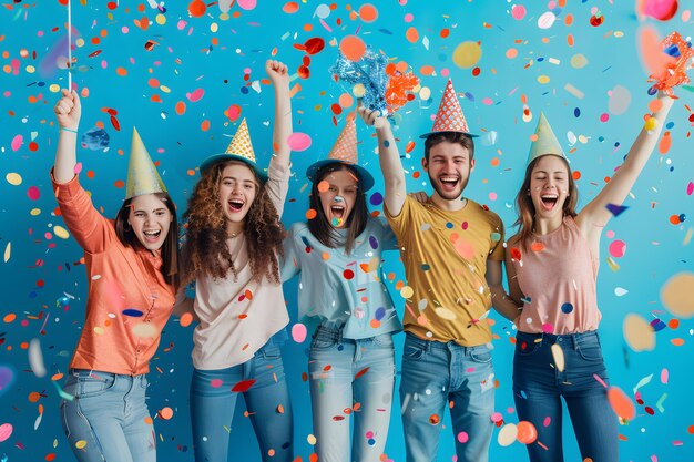 Group of friends having fun at a birthday party with confetti