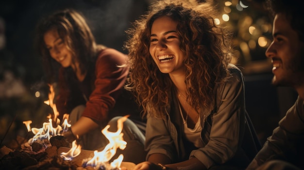 Group of friends having fun at a bonfire in the night