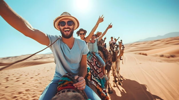 Group of friends having fun on camels in the Sahara desert