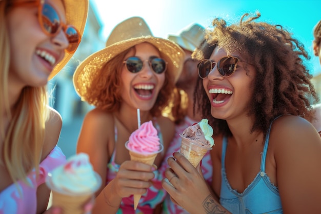 Group Of Friends Having Fun Eating Ice Cream And Enjoying Each Others Company
