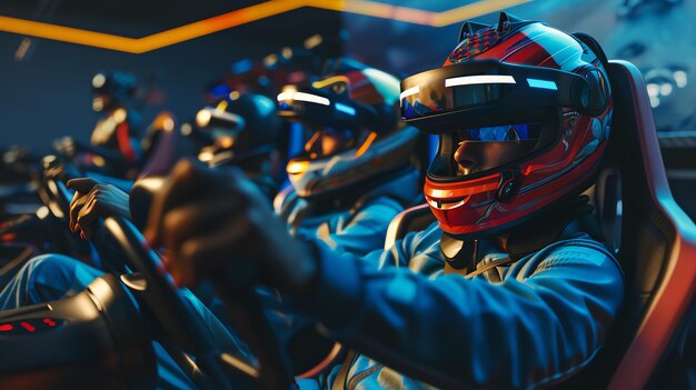 Photo group of friends having fun playing virtual reality racing game together