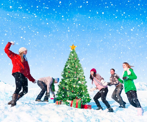 Group of friends having fun in the snow.