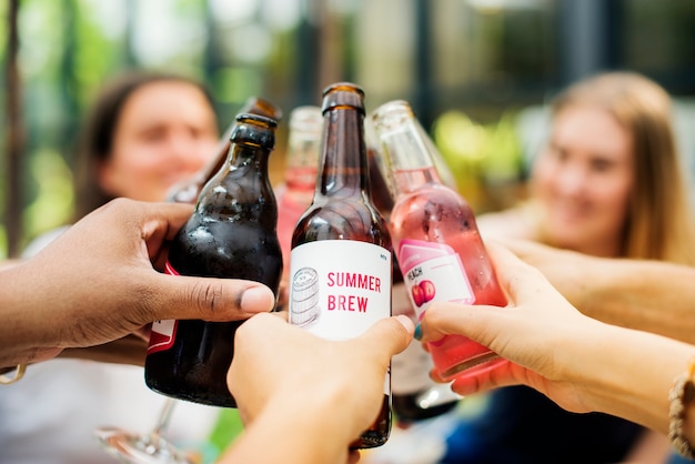 Group friends having fun and  toasting together