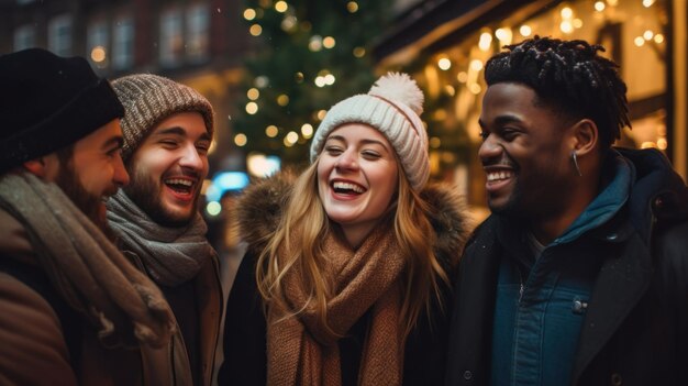 Foto un gruppo di amici che si divertono insieme su una strada illuminata una sera