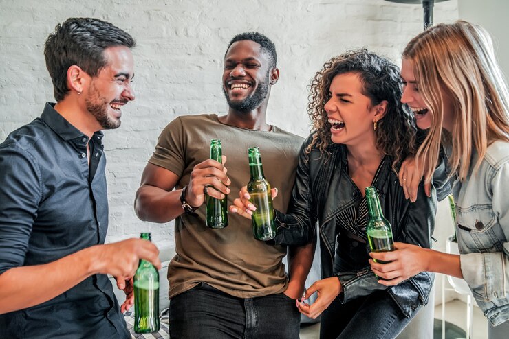 Photo group of friends having fun while drinking beer together. friends concept.