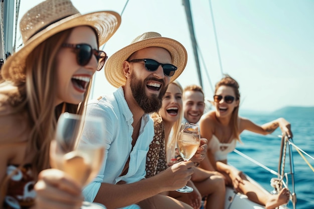 Photo group of friends having fun on a yacht sailing in the sea with ai generated