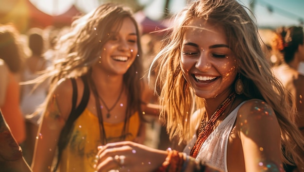 Группа друзей, прекрасно проводящих время на музыкальном фестивале летомДве молодые женщины пьют пиво
