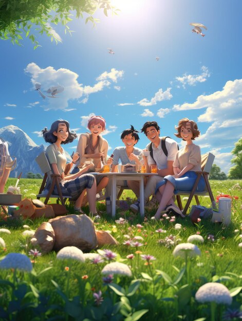 A group of friends having a joyful picnic on a sunny day