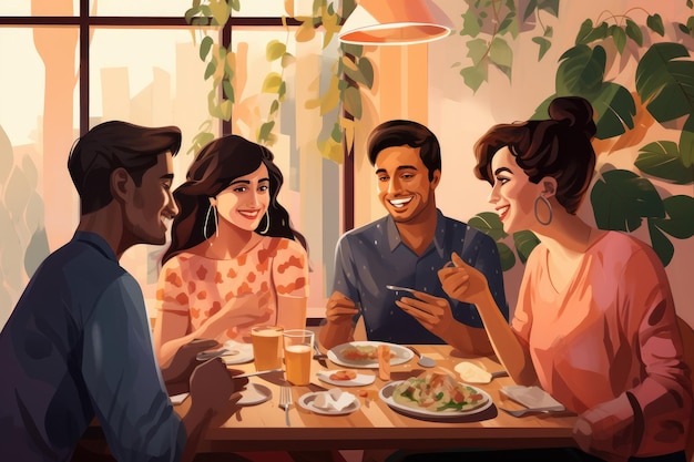 Group of friends having lunch in a cafe Cartoon vector illustration Diverse friends having dinner in cafe AI Generated