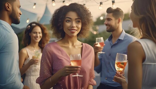 Foto un gruppo di amici che fanno una festa in una terrazza estiva una giovane donna afroamericana con un vetro