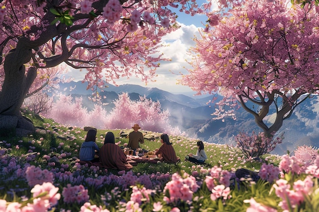 Group of friends having a picnic in a blooming che