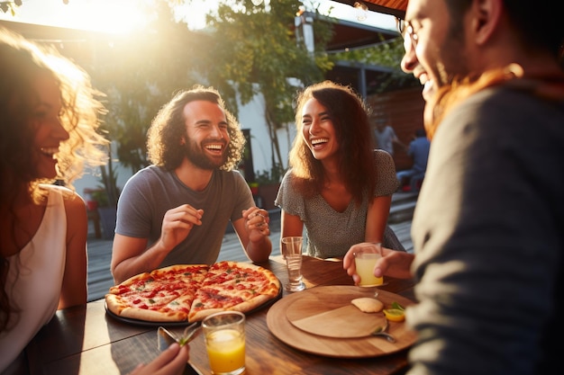 group of friends having pizza