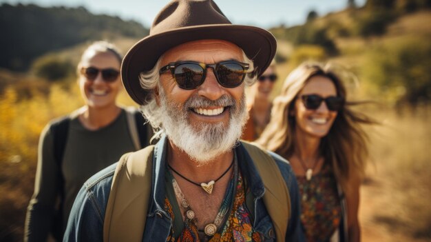 Group of friends on a hike in nature Senior people having fun outdoors Generative AI