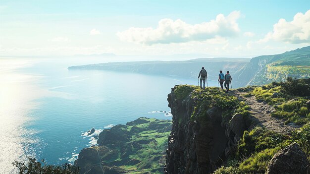 Photo a group of friends hiking along a cliffside with a panoramic ocean view below