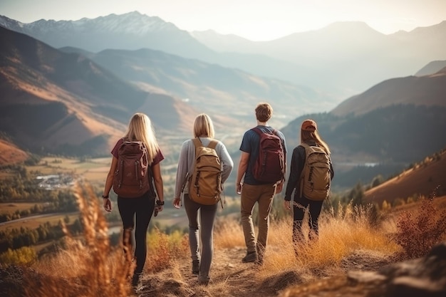 group of friends hiking back photo