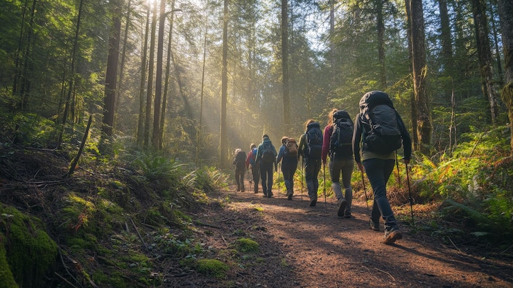Photo a group of friends hiking on a forest trail