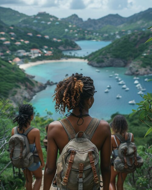 Photo a group of friends hiking to scenic lookout background