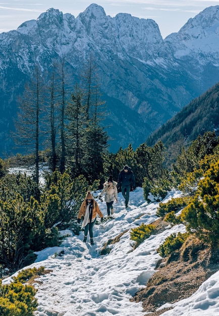 Group of friends hiking on snowy path in mountains