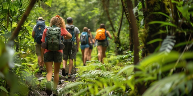 A group of friends hiking through a lush forest trail