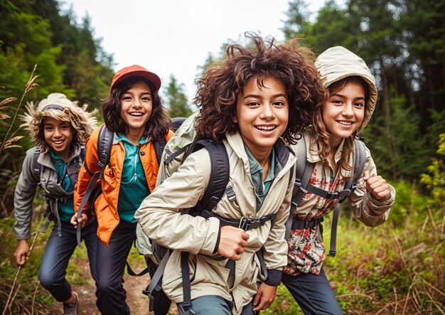 Foto un gruppo di amici che camminano insieme nella foresta stanno sorridendo e guardando la telecamera