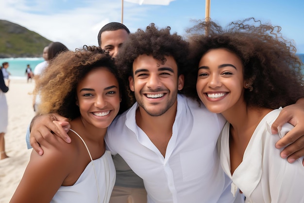 Group of friends hugging at a beach party