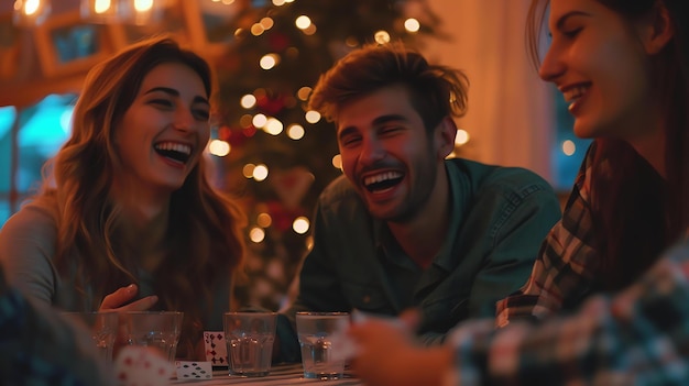 Группа друзей играет в карты и смеется Они сидят за столом в уютной гостиной Комната украшена рождественскими огнями