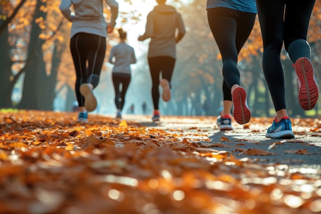 Group of friends jogging together in the forest Healthy active lifestyle