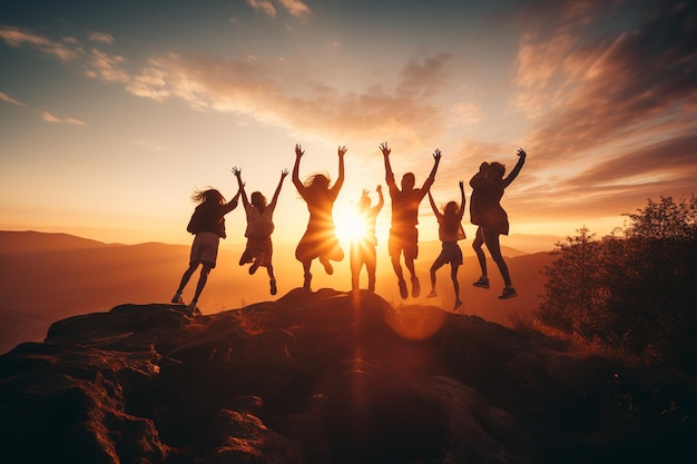 Group of friends jumping and dancing on top of a mountain at sunset