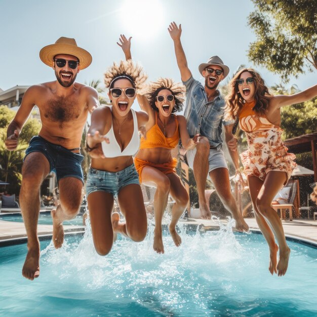 A group of friends jumping into the pool captured in midair