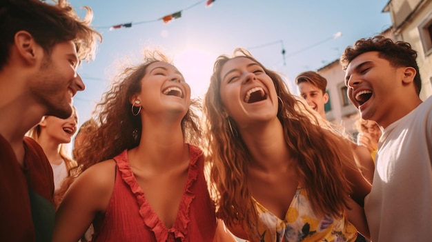 A group of friends laughing and dancing in the street mental health images photorealistic illustration