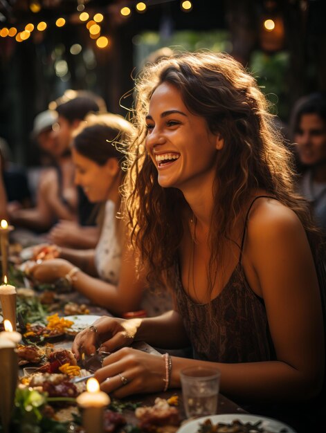 한 무리의 친구 들 이 야외 식당 에서 웃고 저녁 식사를 즐기고 있다