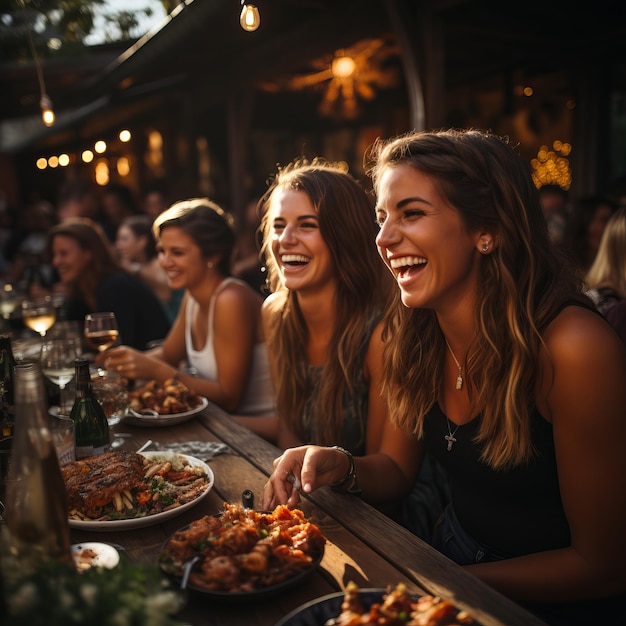 친구 들 의 그룹 이 야외 에서 웃고 저녁 식사를 즐기고 있다