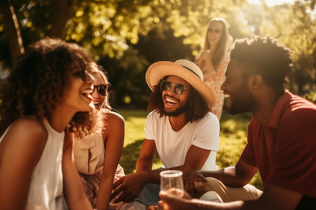 Photo group of friends laughing and enjoying a picnic in a sunny park generative ai