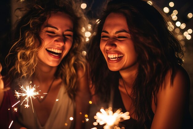 A group of friends laughing and lighting fireworks on a dark night